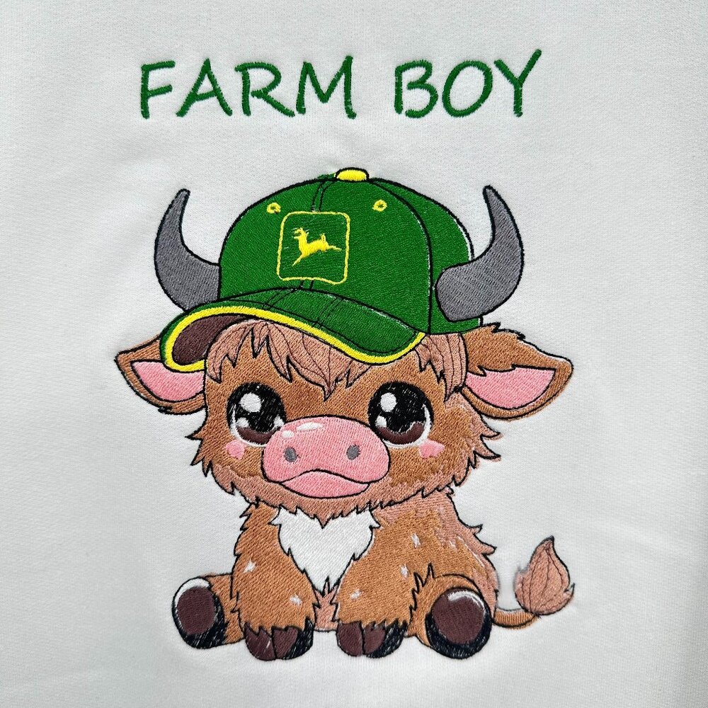 Highland Cow YOUTH Sweatshirt John Deere Farm Boy Embroidered Crewneck